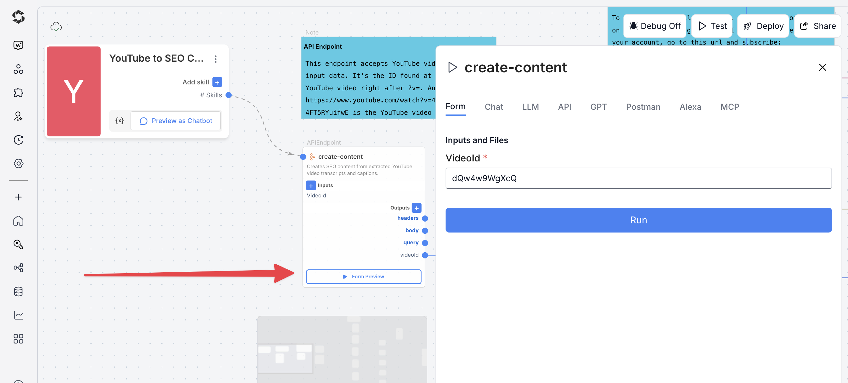 Form preview for testing the agent